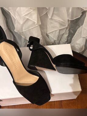 Veronica Beard Black Suede Peep-Toe Wedge Sandals with Ankle Tie